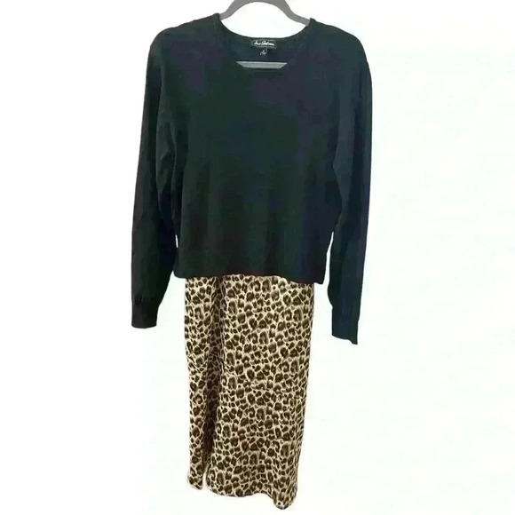 Sam Edelman Long Sleeve Cami Midi Dress Size 4 Black Sweater Leopard Print Dress - Picture 5 of 6
